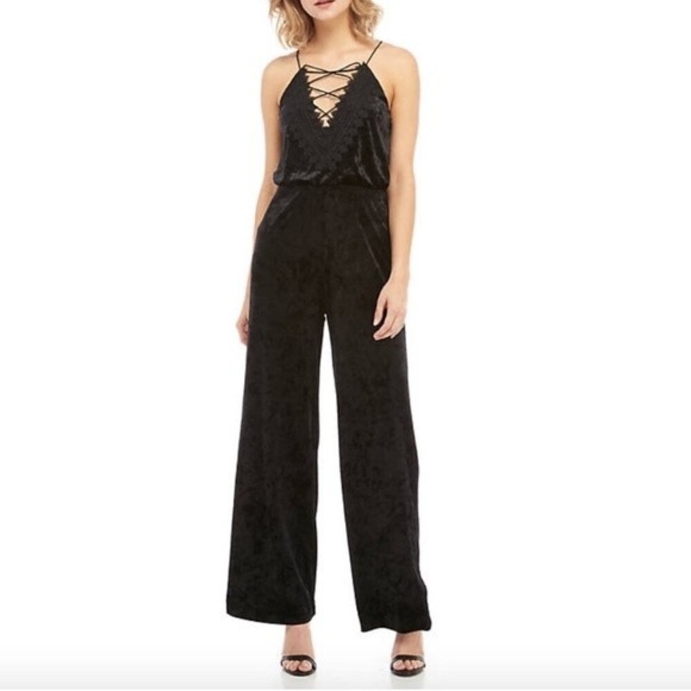 NWT WAYF | Black Posie Velvet Lace Up V Neck Jumpsuit S